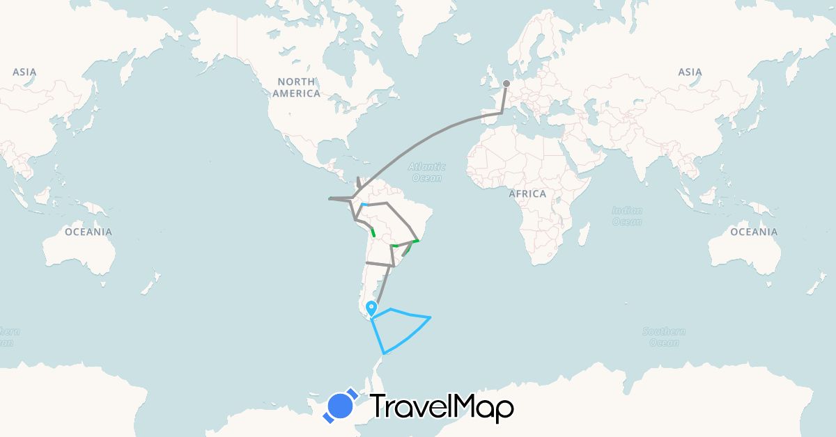 TravelMap itinerary: driving, bus, plane, boat in Antarctica, Argentina, Bolivia, Brazil, Chile, Colombia, Ecuador, Spain, Falkland Islands, South Georgia and the South Sandwich Islands, Netherlands, Peru, Paraguay, Uruguay (Antarctica, Europe, South America)